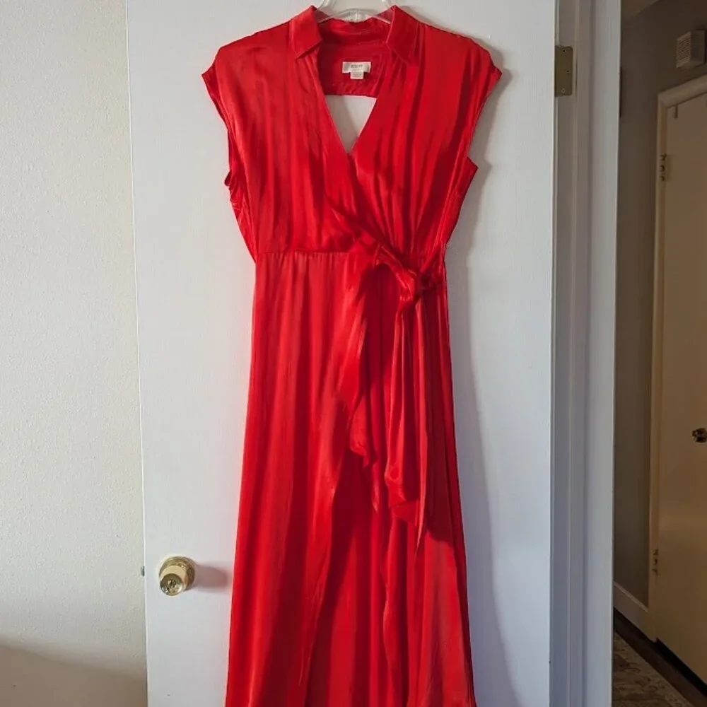 Maeve Anthropologie Orange/Poppy Faux Wrap High Low Dress Cap Sleeve M - Picture 1 of 12